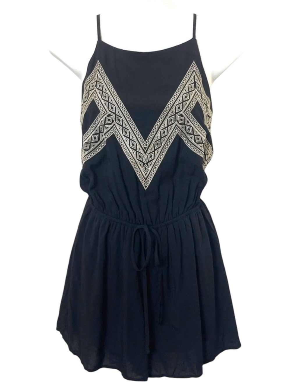 Mahina Black/White Embroidery Top Elastic Waist Open Keyhole Back Romper (S)